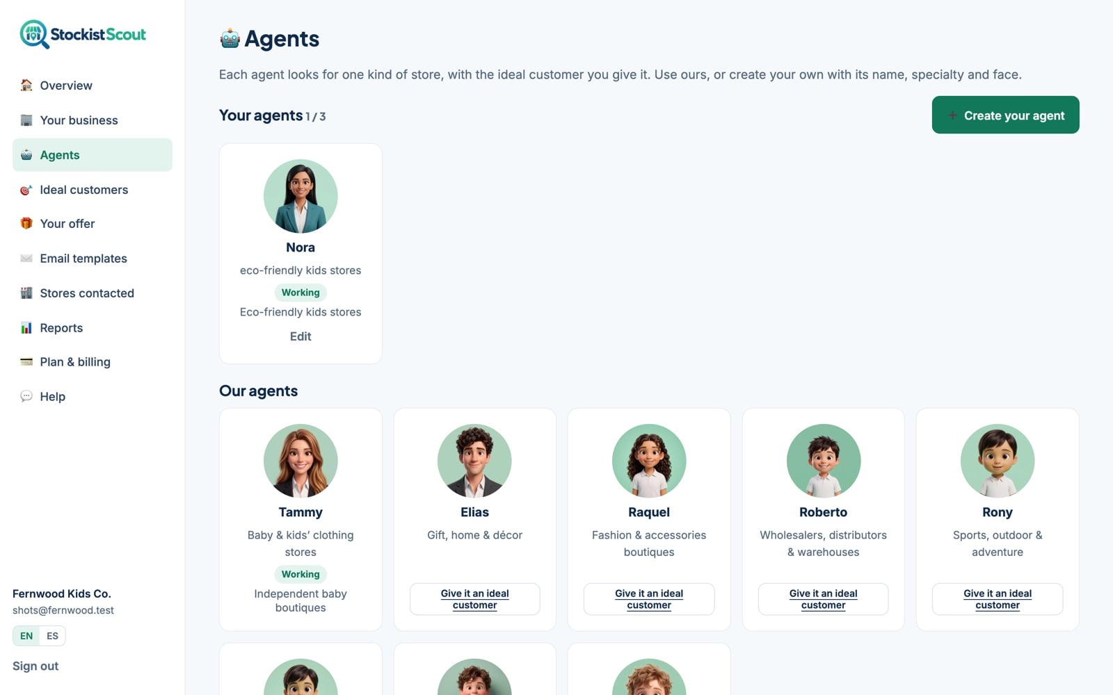 The Agents page of StockistScout