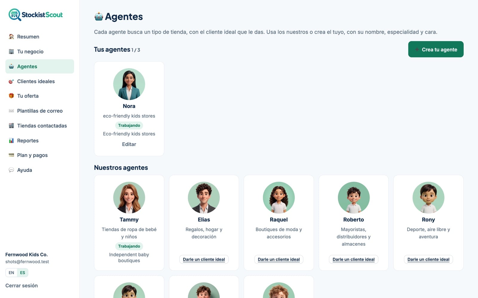 La página Agentes de StockistScout