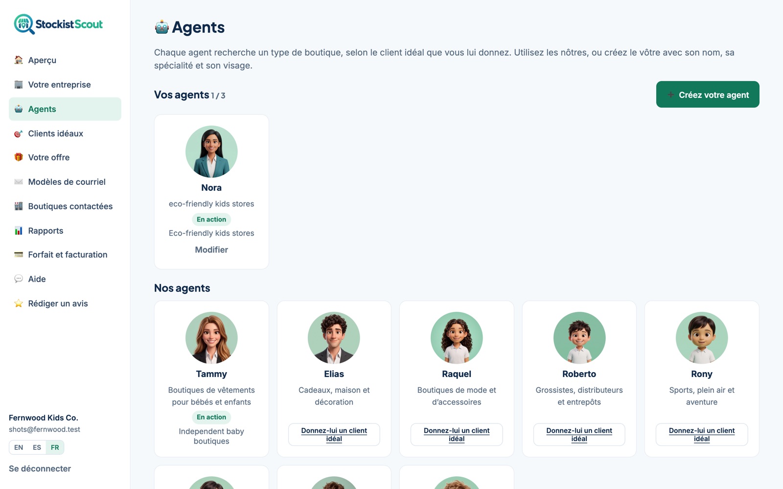 La page Agents de StockistScout