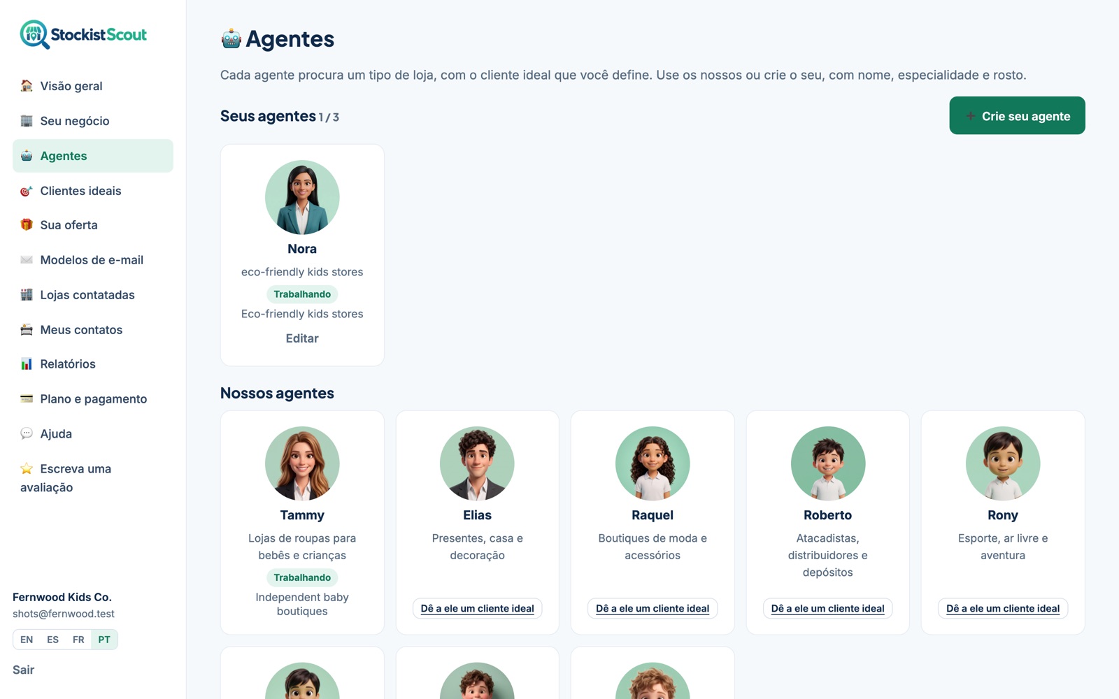 A página Agentes do StockistScout