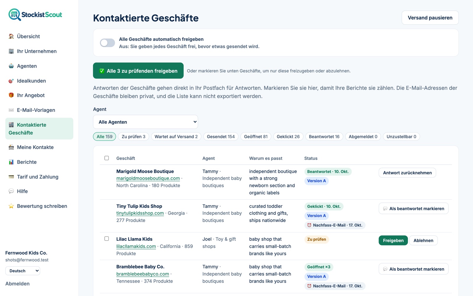 Die Seite „Kontaktierte Geschäfte“ von StockistScout