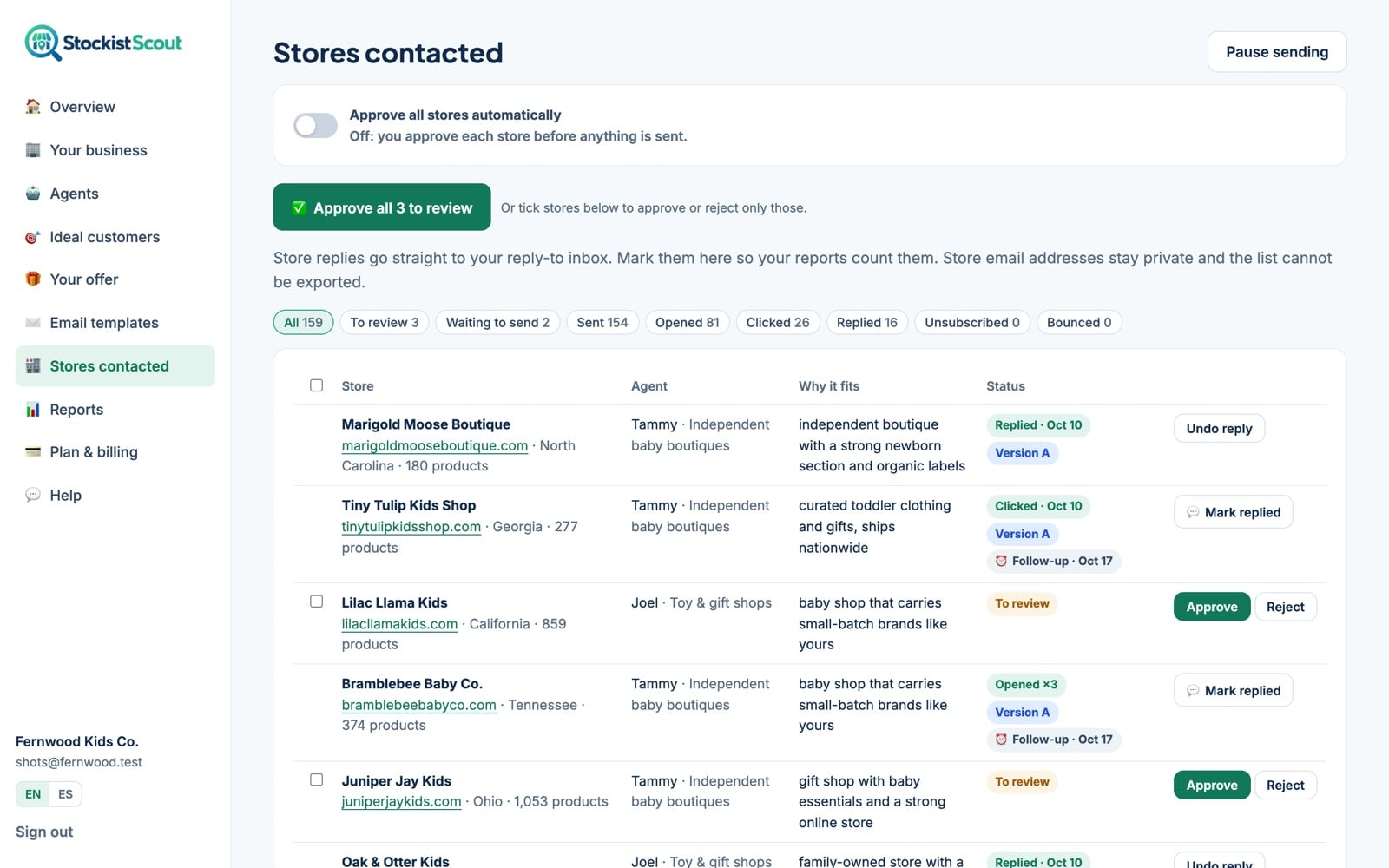 The Stores contacted page of StockistScout