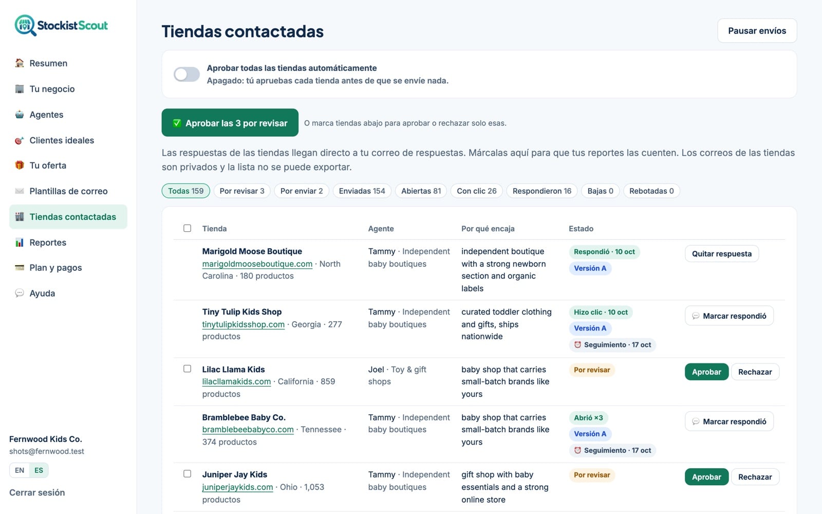 La página Tiendas contactadas de StockistScout
