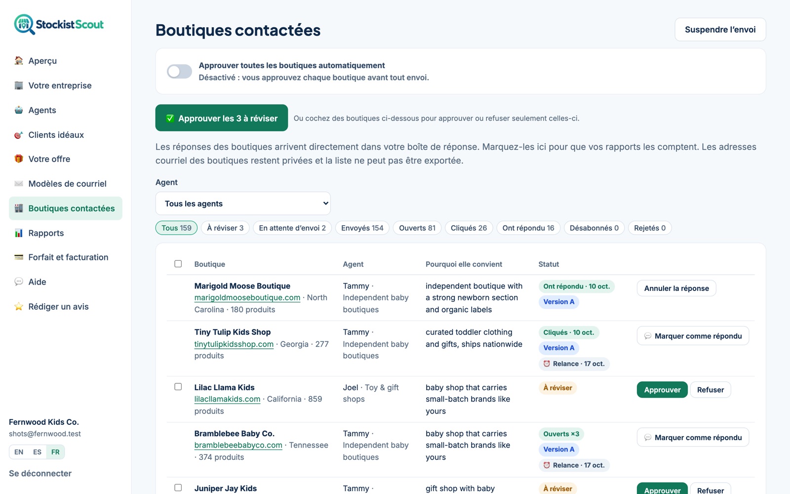 La page Boutiques contactées de StockistScout