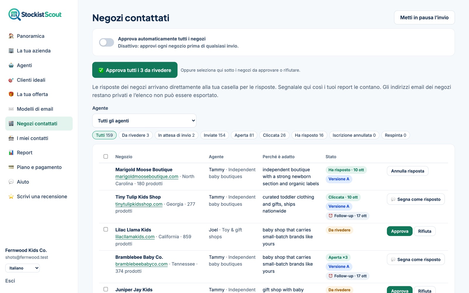 La pagina Negozi contattati di StockistScout