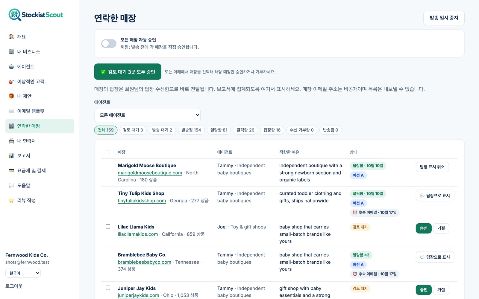 StockistScout의 연락한 매장 페이지