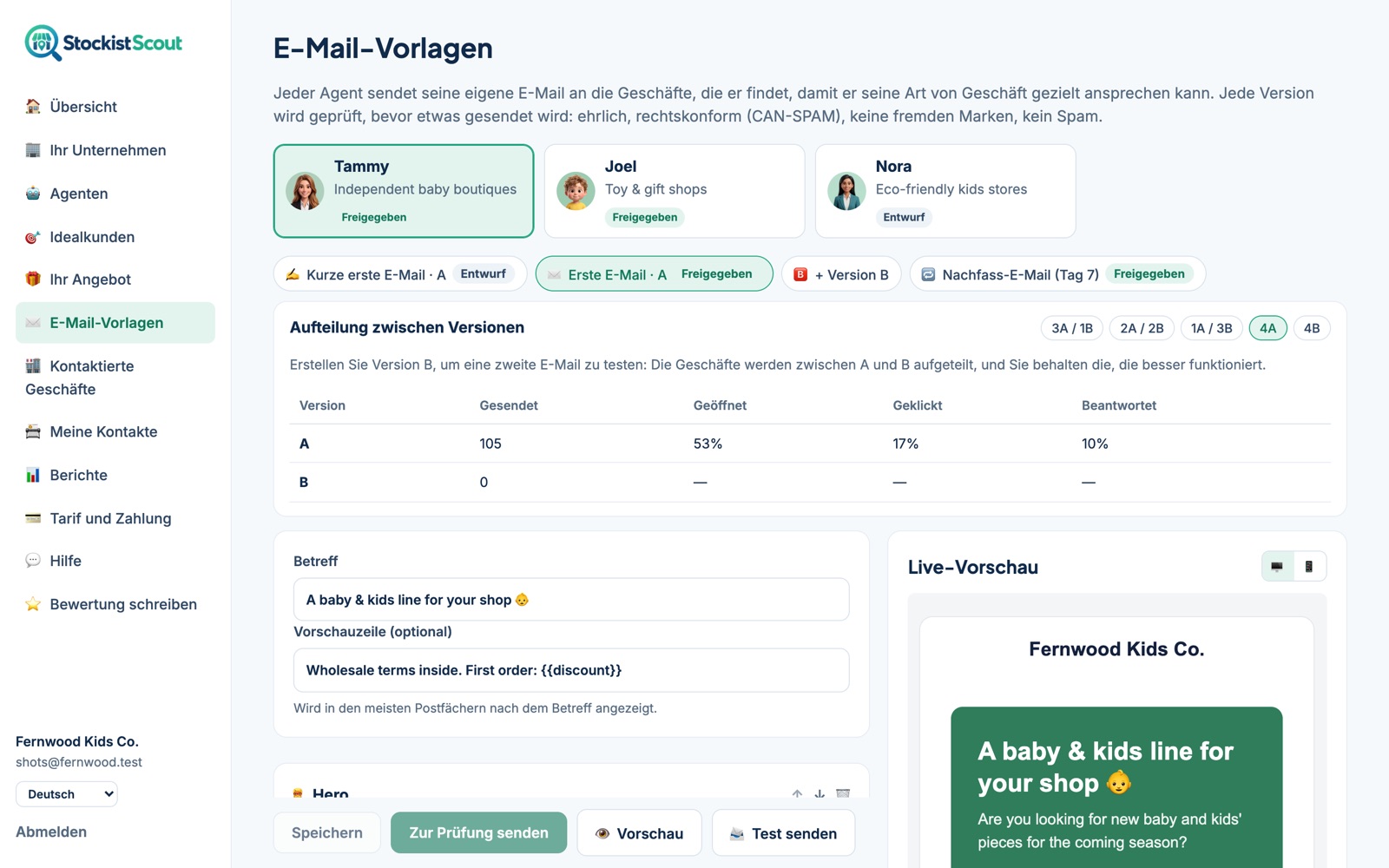 Der E-Mail-Vorlagen-Editor von StockistScout