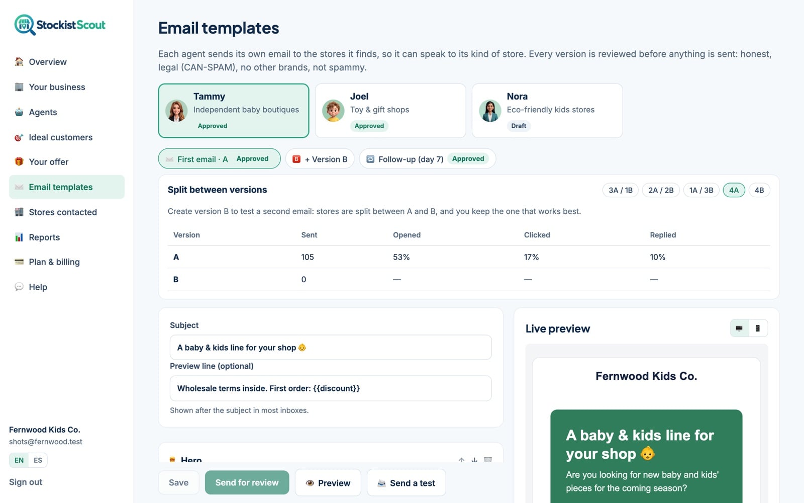 The email template editor of StockistScout