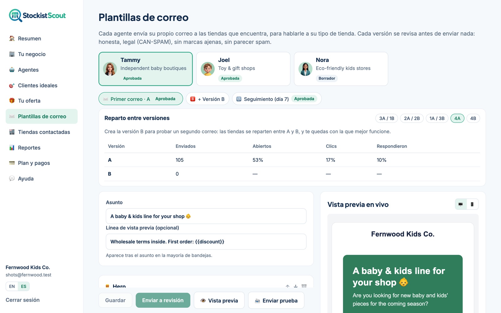 El editor de plantillas de correo de StockistScout