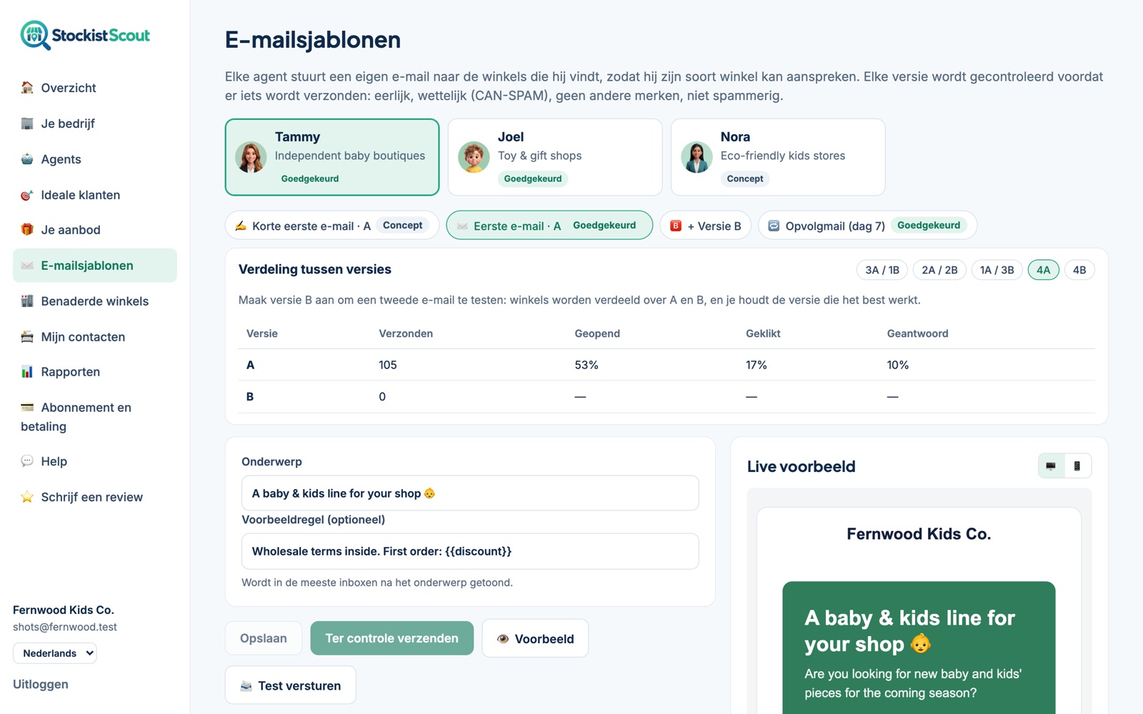 De e-mailsjabloneditor van StockistScout