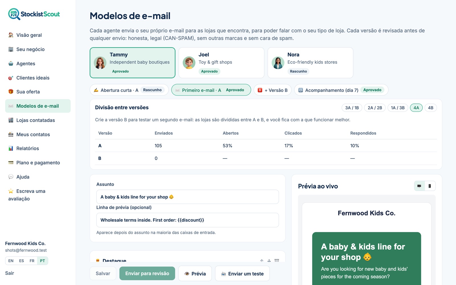 O editor de modelos de e-mail do StockistScout
