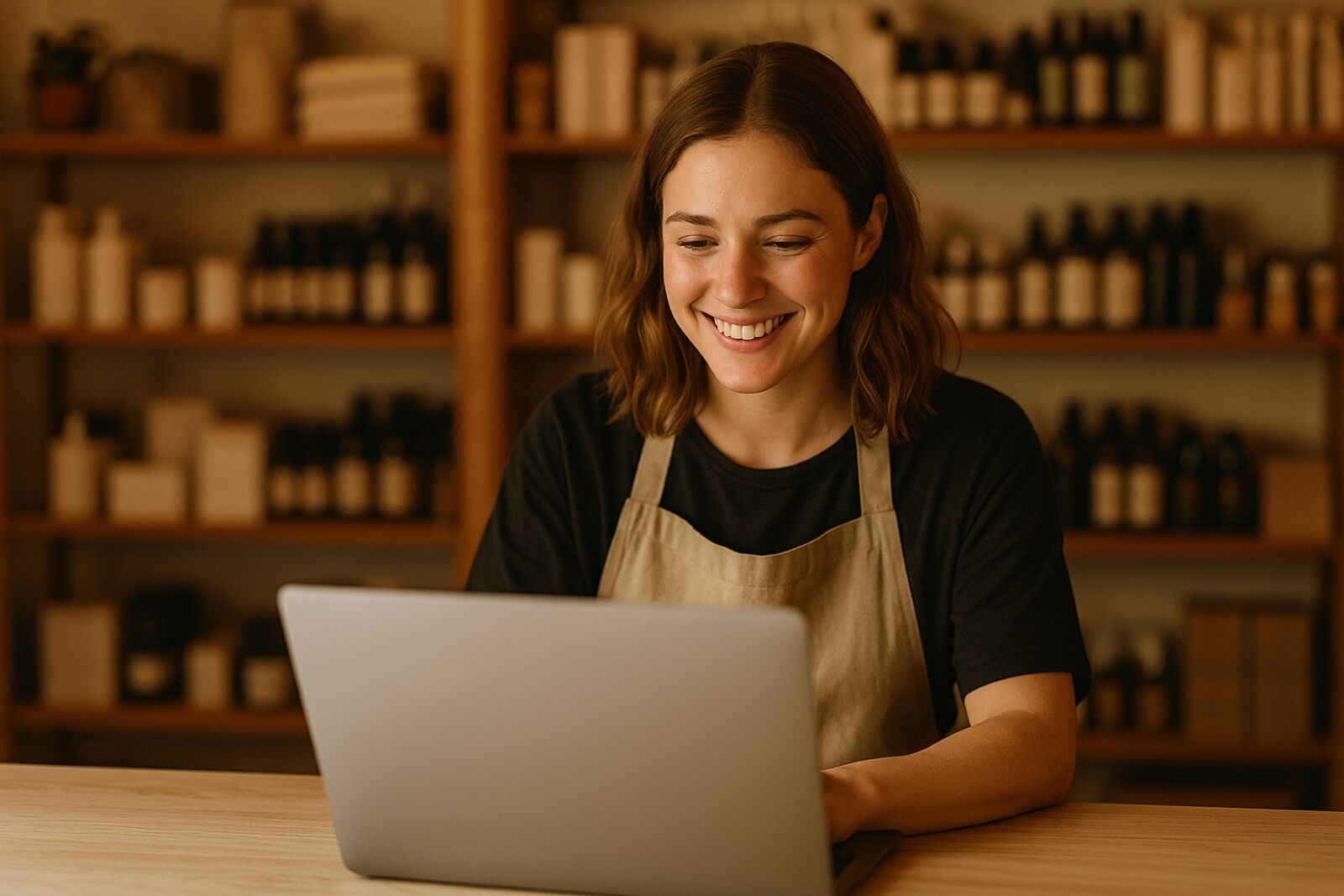 A shop owner smiling at her laptop behind the counter